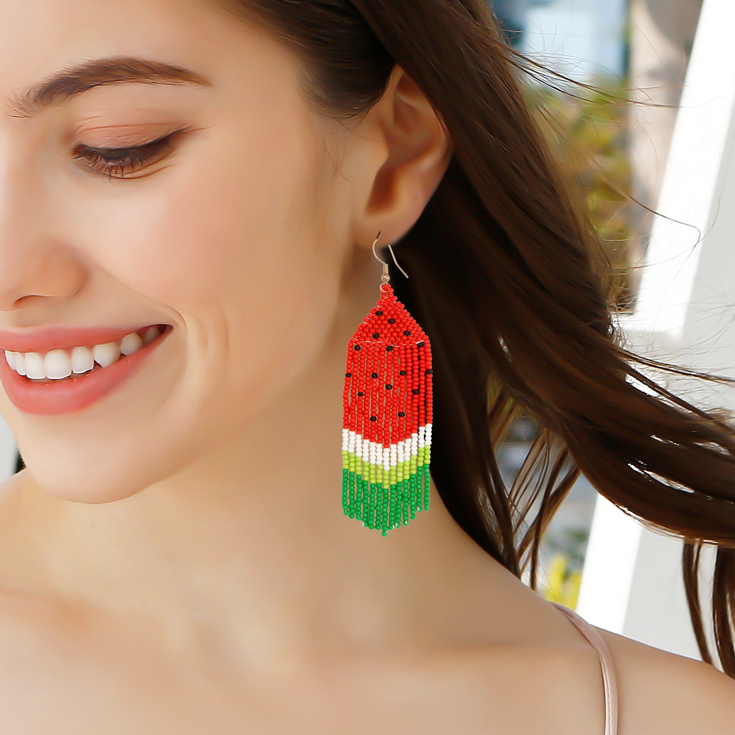 Wholesale Handwoven Tassel Rice Beads Watermelon Fruit Earrings